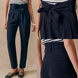 Sezane Austin Trousers Navy Blue Pants Womens Size 34 French US 2 High Rise Belt